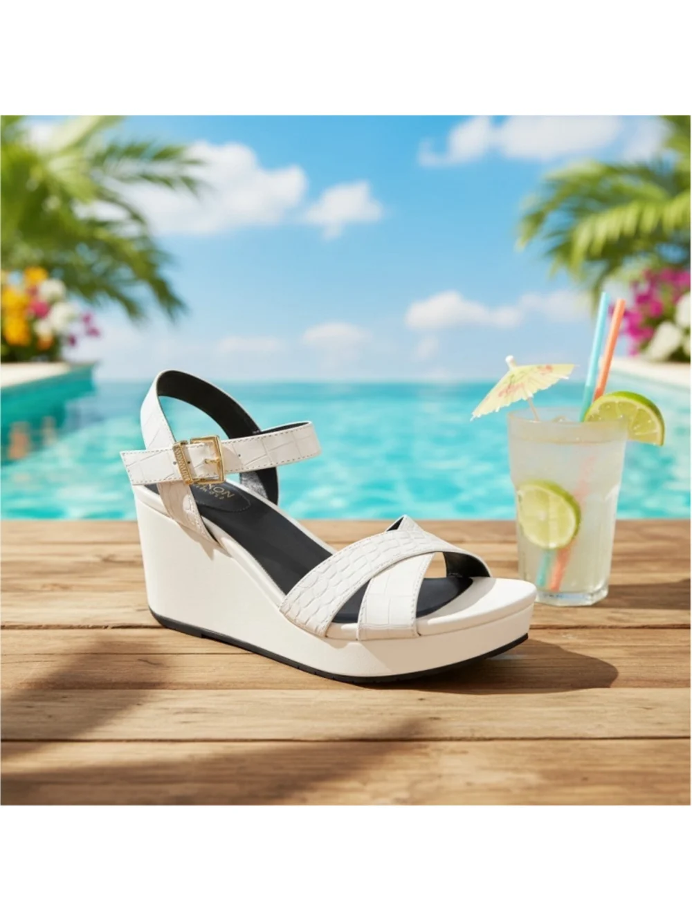 Kenneth Cole Crocodile Embossed Wedge Platform Sandals - 7.5 M Ivory Off White